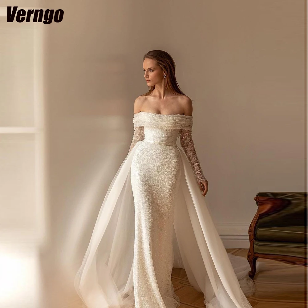 

Verngo Mermaid Glitter Off Shoulder Wedding Dresses Strapless Long Sleeves Bridal Gown Elegant Bridal Dress Vestido De Novia