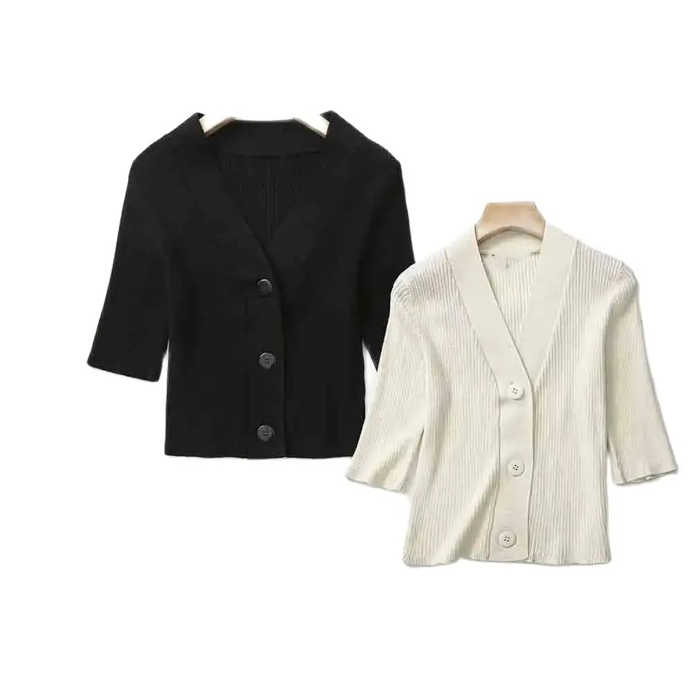 

Женский трикотажный кардиган на пуговицах, Укороченный хлопковый эластичный облегающий винтажный кардиган с коротким рукавом, 2023