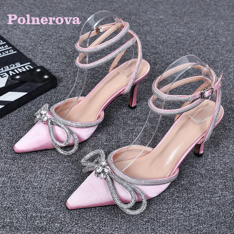 

Rhinestone Bowknot Satin Pointed Toe Sandals and Slippers Summer New Stiletto Leather High-Heeled Single Shoes Wedding Shoes