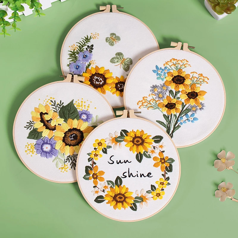 Embroidery Kit for Beginners Adults with Pattern Stamped Color Threads-Sunflower