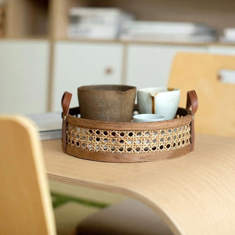 Rattan Woven Storage Basket Room Round Placing Tray for Fruit Bread Breathable Desktop Organizer -Brown 2
