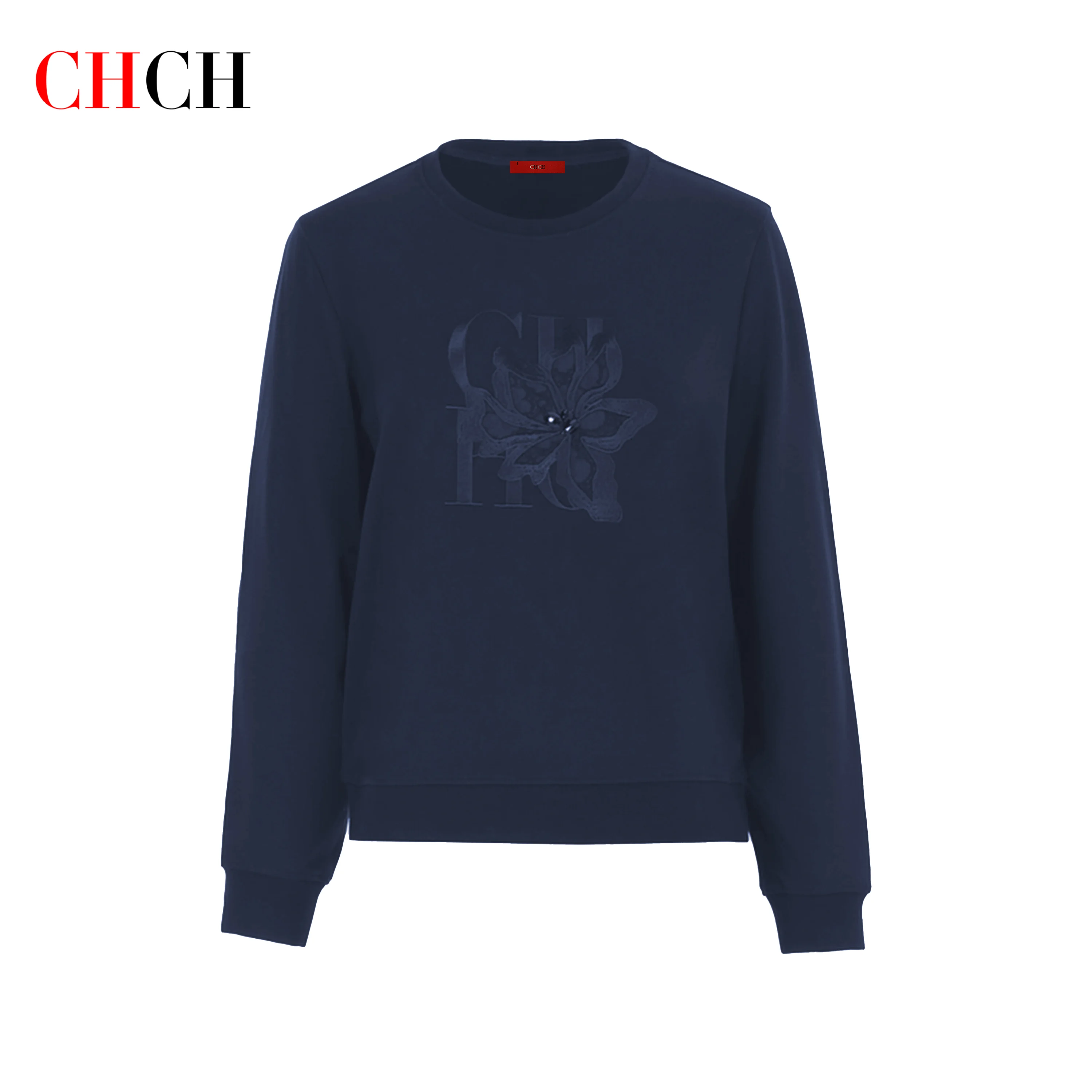 CHCH Women's Hoodie New Black Round Neck Embroidered Women's Top 4
