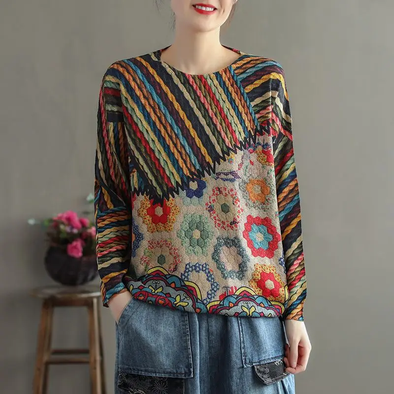 Vintage Ethnic Style Sping Autumn Sweaters Women O-Neck Striped Printing Patchwork Fashion Long Sleeve Pullovers Knitted Tops 2