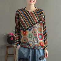 Vintage Ethnic Style Sping Autumn Sweaters Women O-Neck Striped Printing Patchwork Fashion Long Sleeve Pullovers Knitted Tops 2
