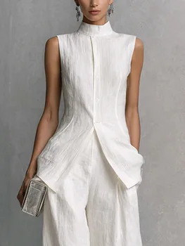 Vintage Solid Cotton Linen Suit for Women Sleeveless Turtleneck Top & High Waist Pants Set New Spring Summer Button Loose Outfit 1