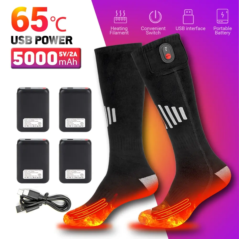 Calcetines calefactables recargables por USB, calcetines calefactables para  exteriores, esquí, Snowmobile, esquí, Camping, invierno, 65 ℃