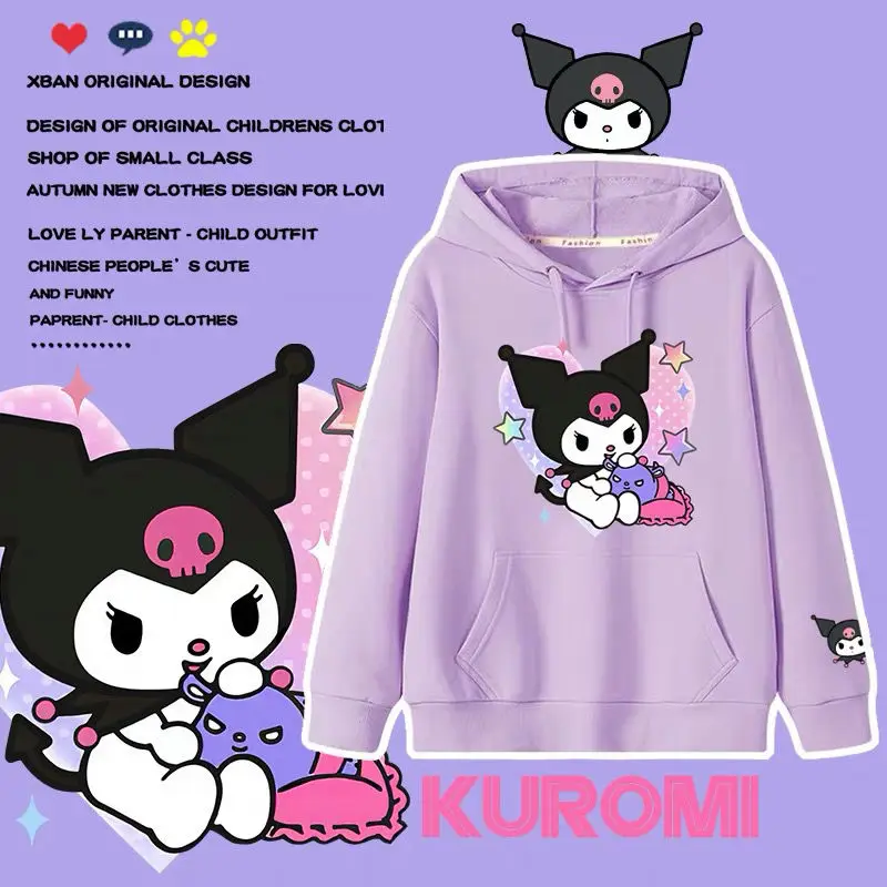 

Детская толстовка Sanrioed Kuromi с мультипликационным рисунком, милая аниме, осенне-зимняя футболка с круглым вырезом и длинными рукавами для девочек, топ, одежда