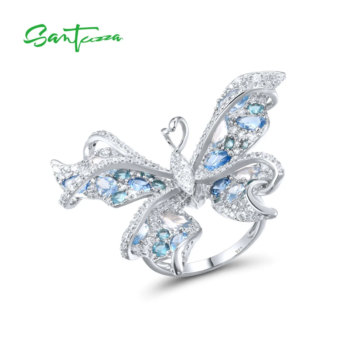 

SANTUZZA 925 Sterling Silver Rings For Women Sparkling Blue Spinel White CZ Butterfly Ring Charming Fashion Gifts Fine Jewelry