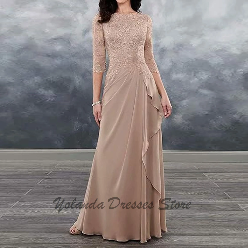 Fashion Scoop Neck Mother of The Bride Dresses Applique Lace Zipper Back Formal Evening Gown Floor Length 3/4 Sleeves Ruffles