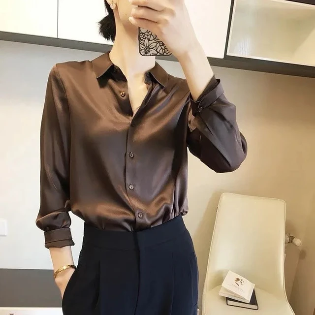 Brand Quality Luxury Women Shirt Elegant Office Button Up Long Sleeve Shirts Momi Silk Crepe Satin Blouses Business Ladies Top chocolate