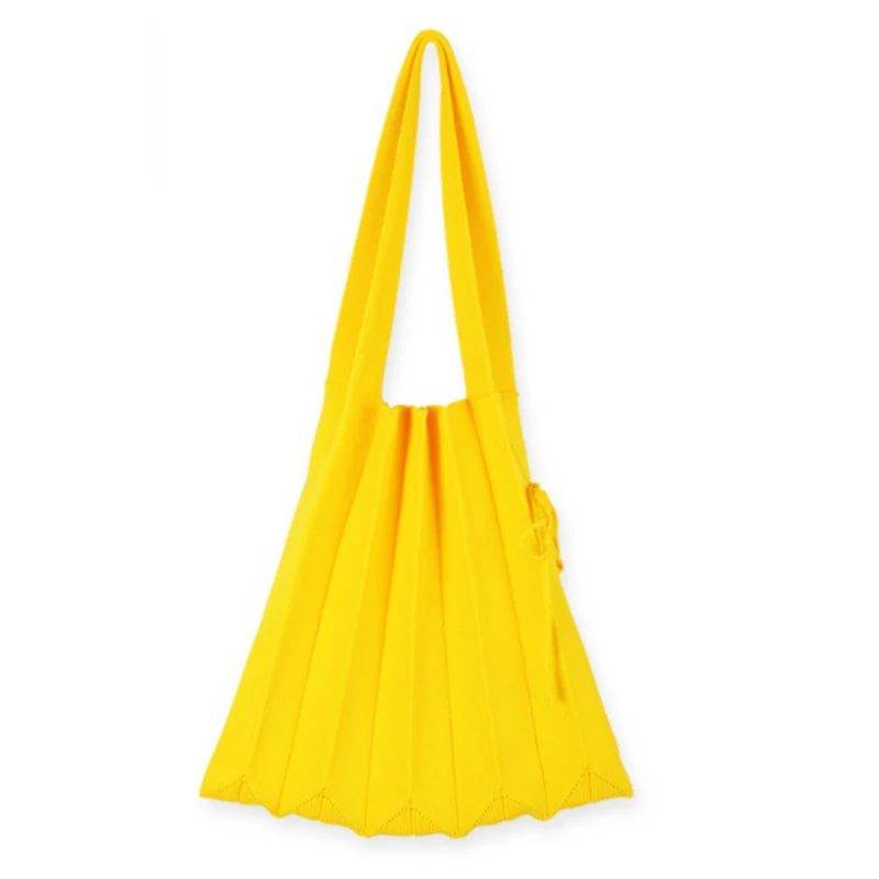 thumbnail image 1 of Bolso de hombro de color sólido para mujer, elegante bolso de mano de gran capacidad con diseño plisado y tejido de lana con lazo, 1 of 5