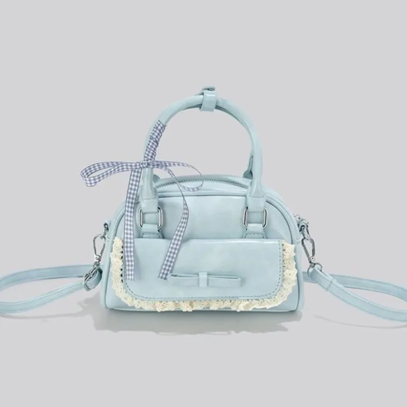 JIAERDI Sweet Cute Pink Messenger Bag Women Harajuku Lace Bow Chic Handle Boston Crossbody Bags Ladies Retro Bowling Bag Y2k