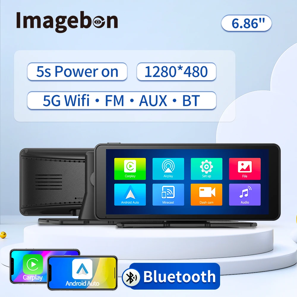 

6.86" Wireless CarPlay Android Auto Dash Cam With AUX Bluetooth FM Audio GPS Navigation Car DVR Rearview Mirror Link Camera