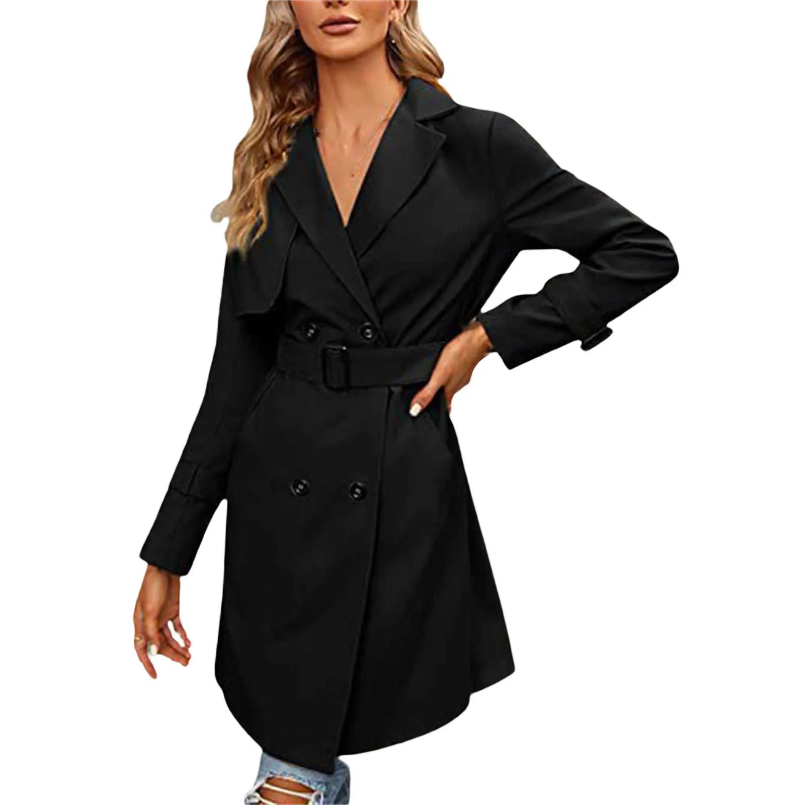 

Autumn And Winter Women's Fashion Solid Color Band Waist Classic Lapel Double Breasted Trench Jacket Coat Ladies Casual