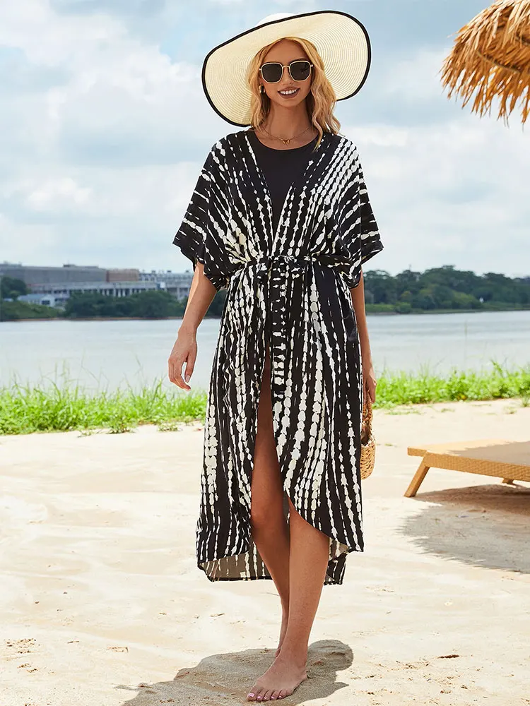 Bikini Cover-ups Black Retro Striped Self Belted Women Summer Clothing Kimono Dress Beach Wear Swim Suit Cover Up Q1225 beach cover swimsuit cover beach dress