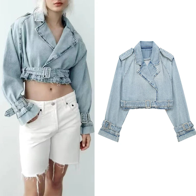 

Vintage Denim Cropped Jacket Women Fashion Casual Long Sleeve Lapel Collar with Belt Outerwear Spring 2023 Chic Coat Tops Female
