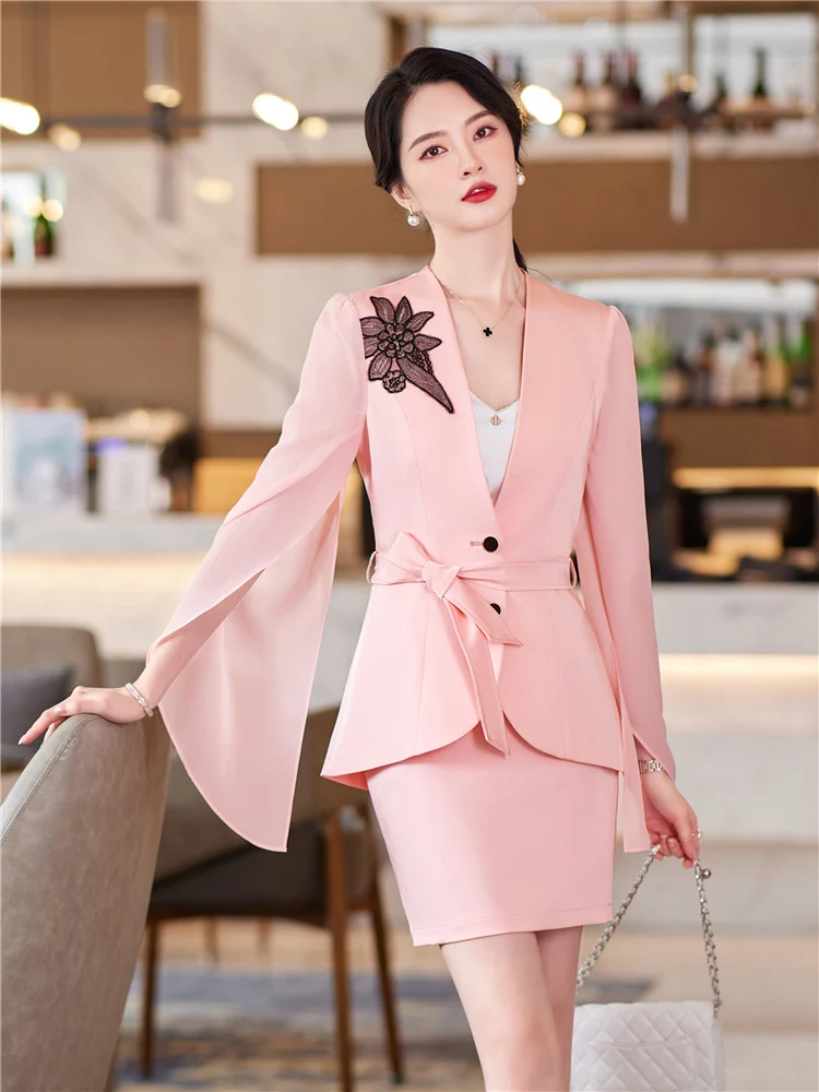 Women Elegant Blazer and Skirt Suit Pieces Sets Shawl Collar