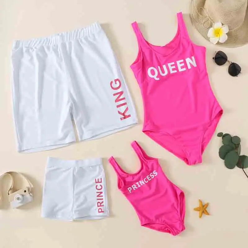 King Queen Swimsuit Family Matching Outfits One-Piece Mother Daughter Swimwear Beach Mommy and Me Clothes Father Son Swim Shorts 2