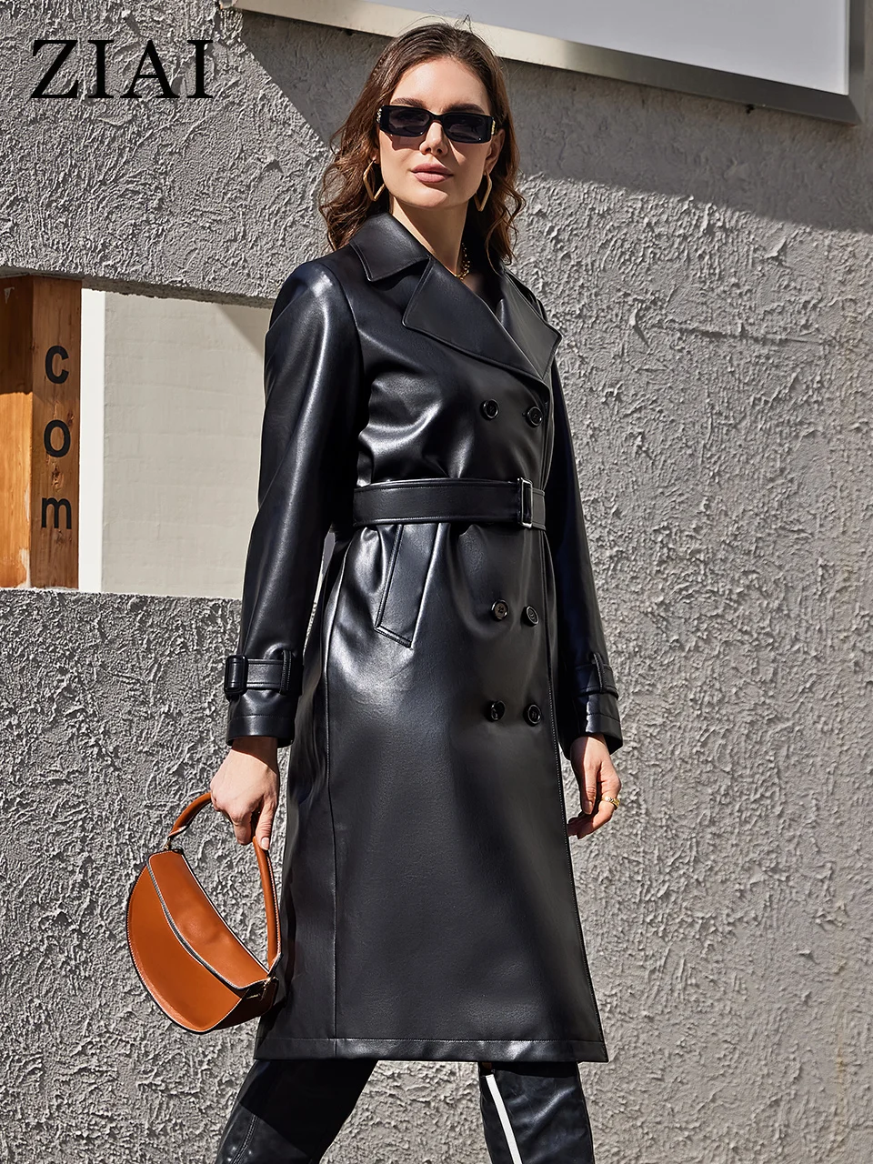 ZIAI New Spring Extra Long Oversized Black Faux Leather Trench