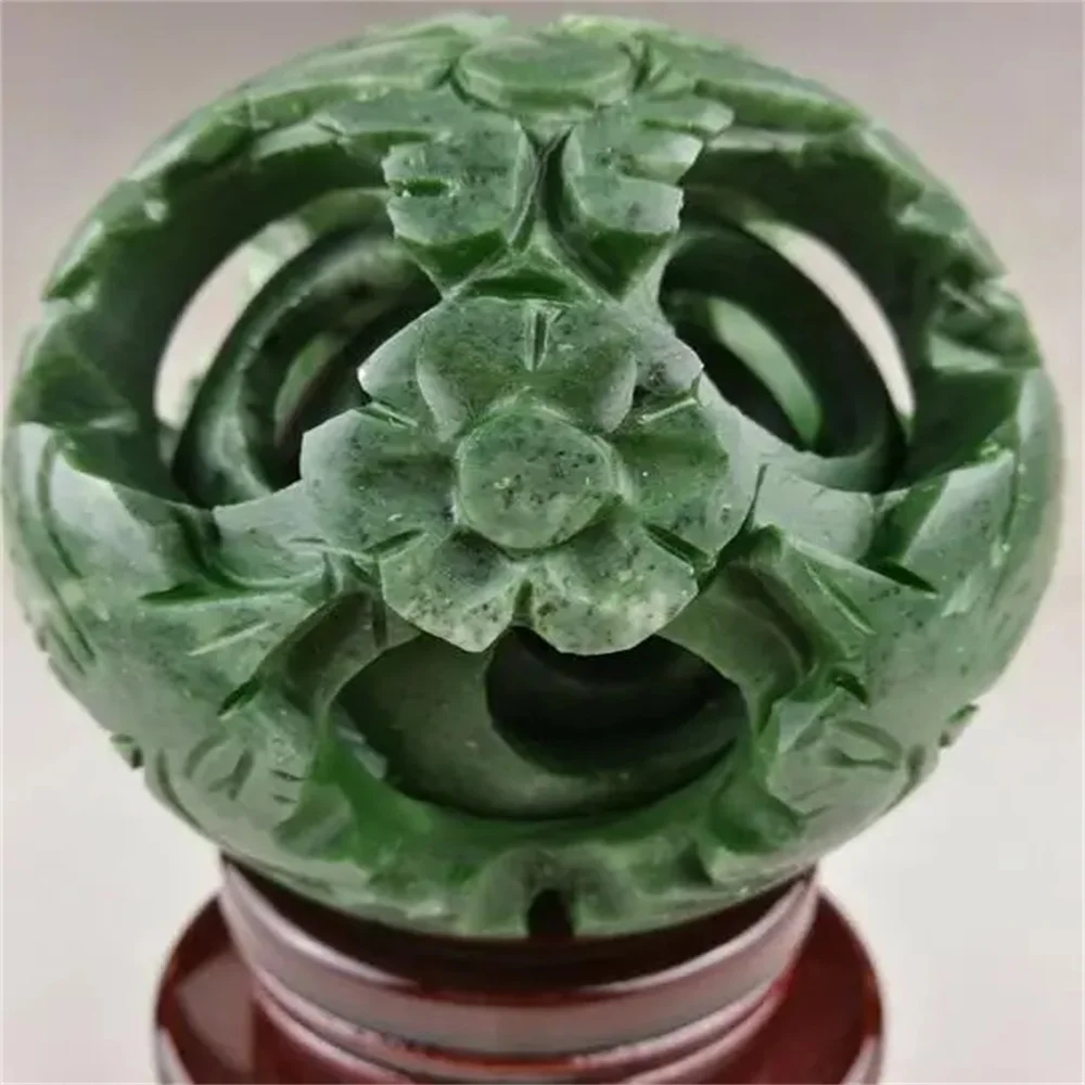 

Chinese Old Green Jade Carved Fengshui Dragon Hollow Out Ball with Wood Base