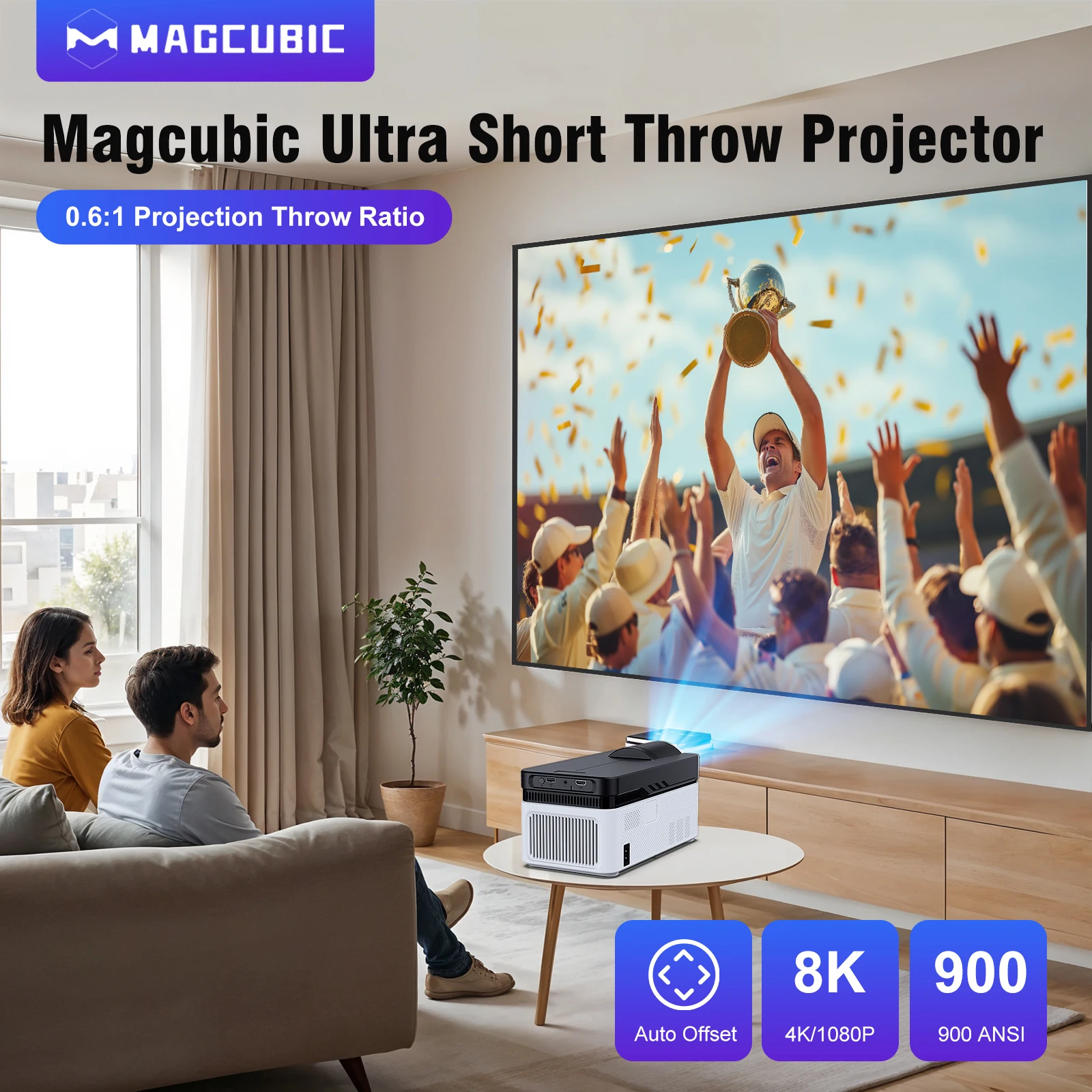 맥큐빅 8K 초단초점 프로젝터 4K 1080P 자동 오프셋 900ANSI BT5.4 전자식 포커스 WiFi6 올위너H726 음성인식 HY450