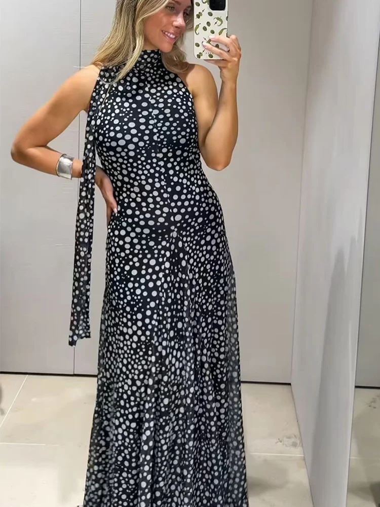 TFMLN Chic Women's Dot Halter Long Dress Sleeveless Sexy Backless Halterneck Lace Up Dresses Fashion Elegant 2025 Summer New