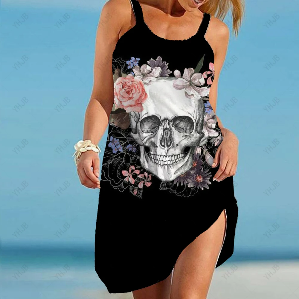 

Boho Skull print Dresses For Women 2023 Flower print Dresses For Women Women's Dress Sling Beach Dress Loose Sexy Top