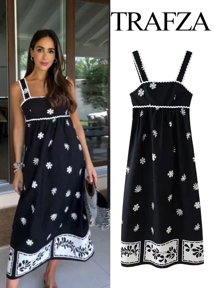 

Женское платье средней длины с принтом TRAFZA, модное элегантное кружевное платье с квадратным вырезом и открытой спиной, уличная одежда