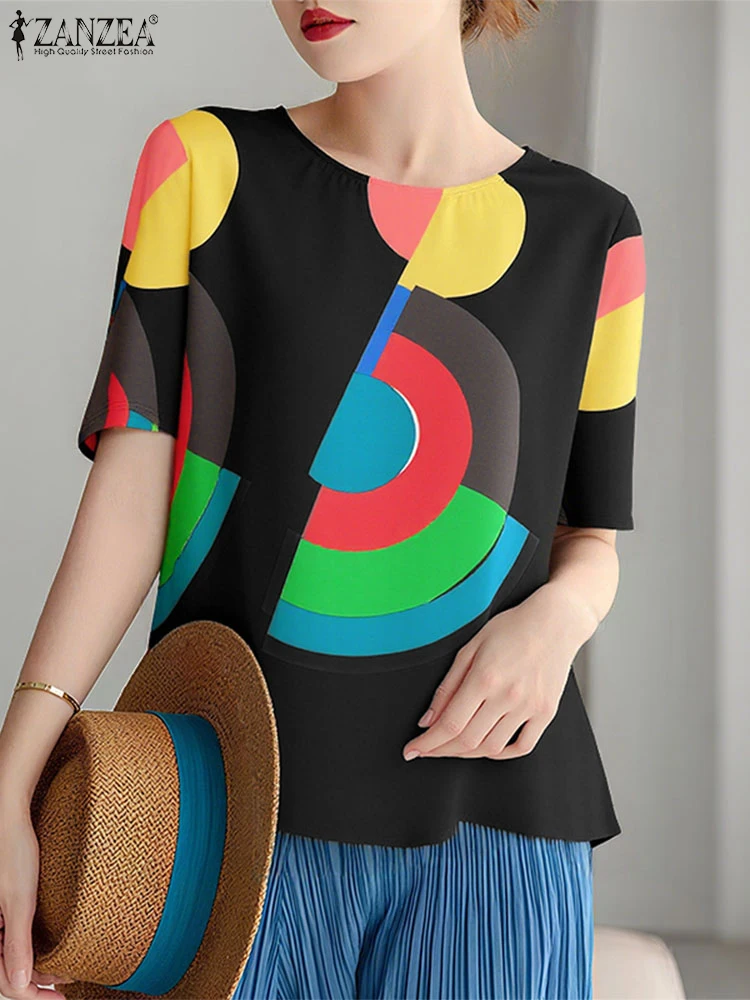 Women Geometry Printing Short Sleeve Elegant Blouse