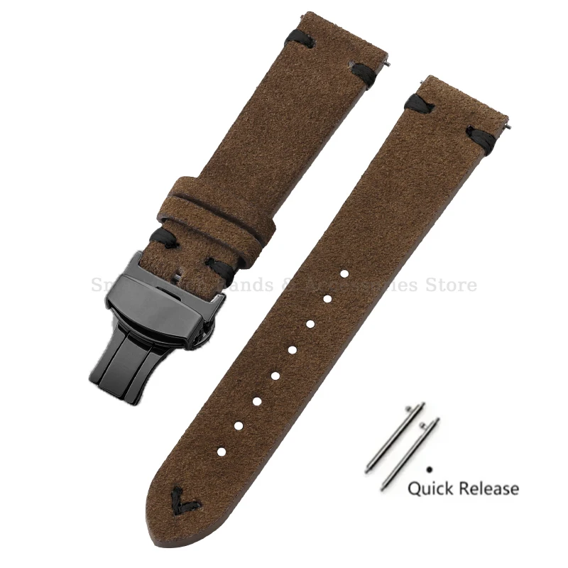 Vintage Handmade Suede Stitch Leather Watch Strap with Quick Release and Folding Clasp