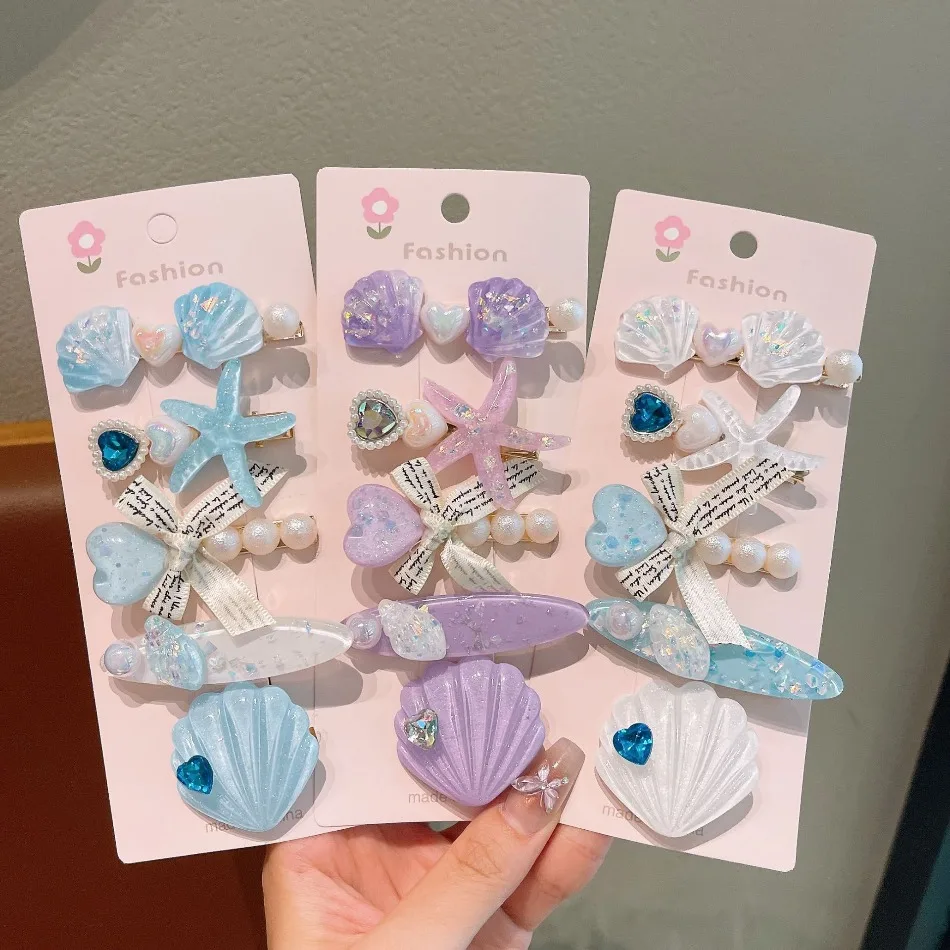 5Pcs 새로운 진주 쉘 불가사리 헤어 클립 공주 머리 장식 인어 머리핀 헤어 액세서리 오션 시리즈 뱅 클립 소녀 HP01