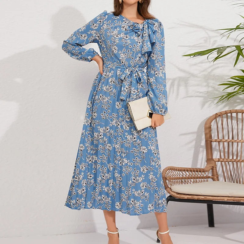 

2023 Autumn New Women's Clothing Mid Length Pleated Long Sleeve Fragmented Flower Print Retro Ice Silk Wrinkle Lacing Bow Dress