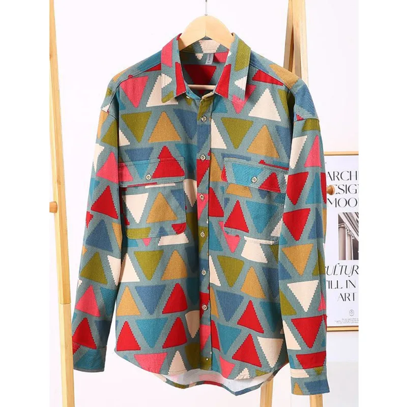 Men's Shirt Christmas Color Block Printed Shirts Cotton Casual Long Sleeve Button Down Vintage Vacation Shirt Jacket