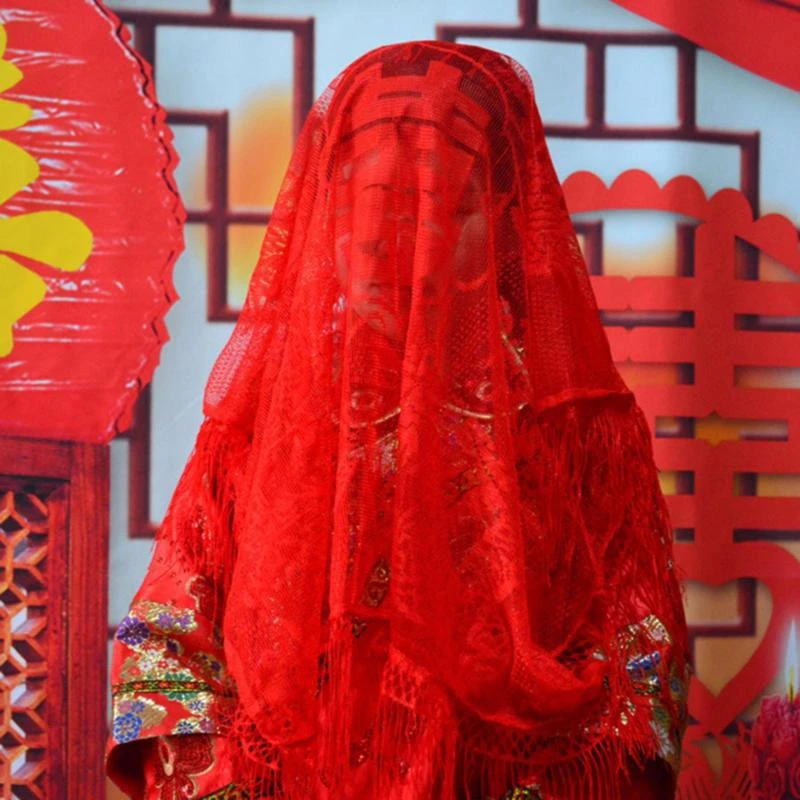 Chinese Traditional Wedding Red Veil Hijab Wedding Gown Accessories Chinese Bride's Red Head Covering Scarf