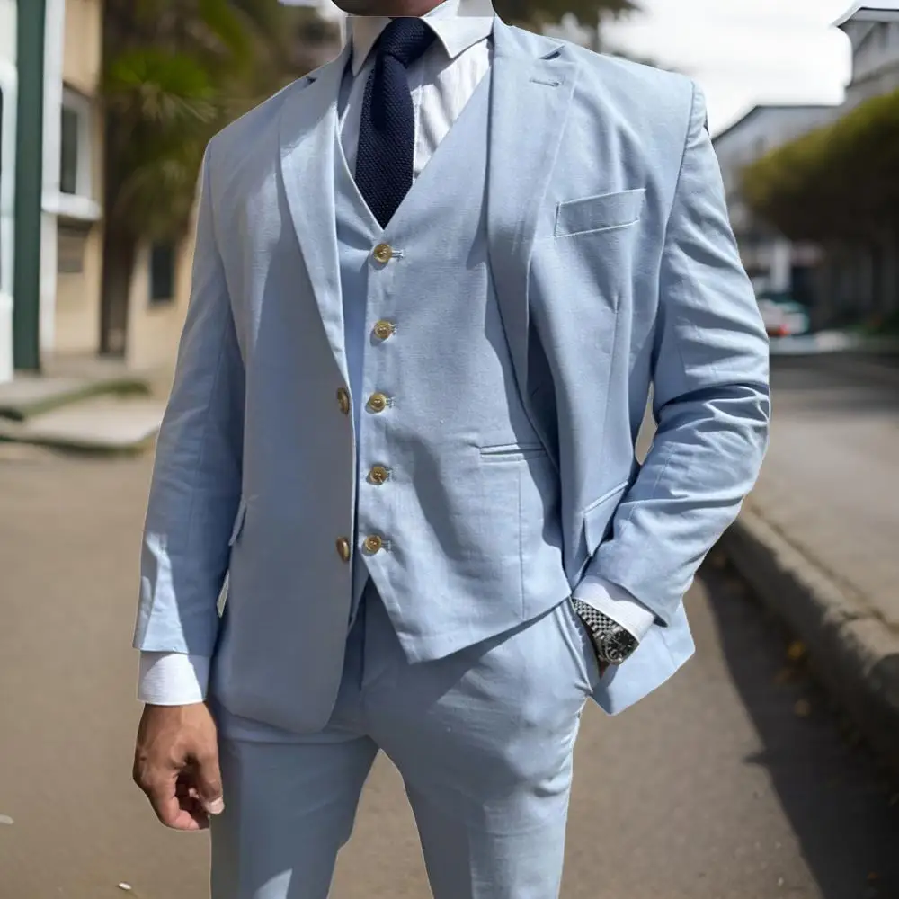 Sky Blue Linen Men Suits Outdoors Summer Party Wedding Groom Tuxedo 3 Pcs Male Fashion Jacket Vest Pants