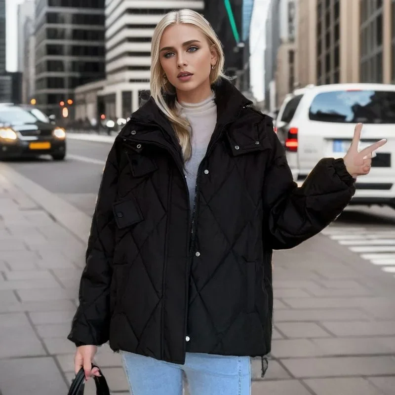 

2024 Winter New Loose and Slim Diamond Grid Thickened Stand Up Collar Cotton Coat Short Down Hooded Cotton Coat for Women
