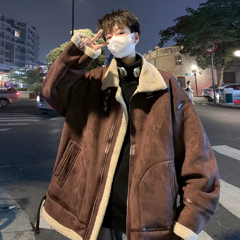

2022 Winter Men's Suede Fabric Thicken Lamb Parkas Motorcycle Snow Jackets Keep Warm Coats Brown/black Cotton-padded Clothes