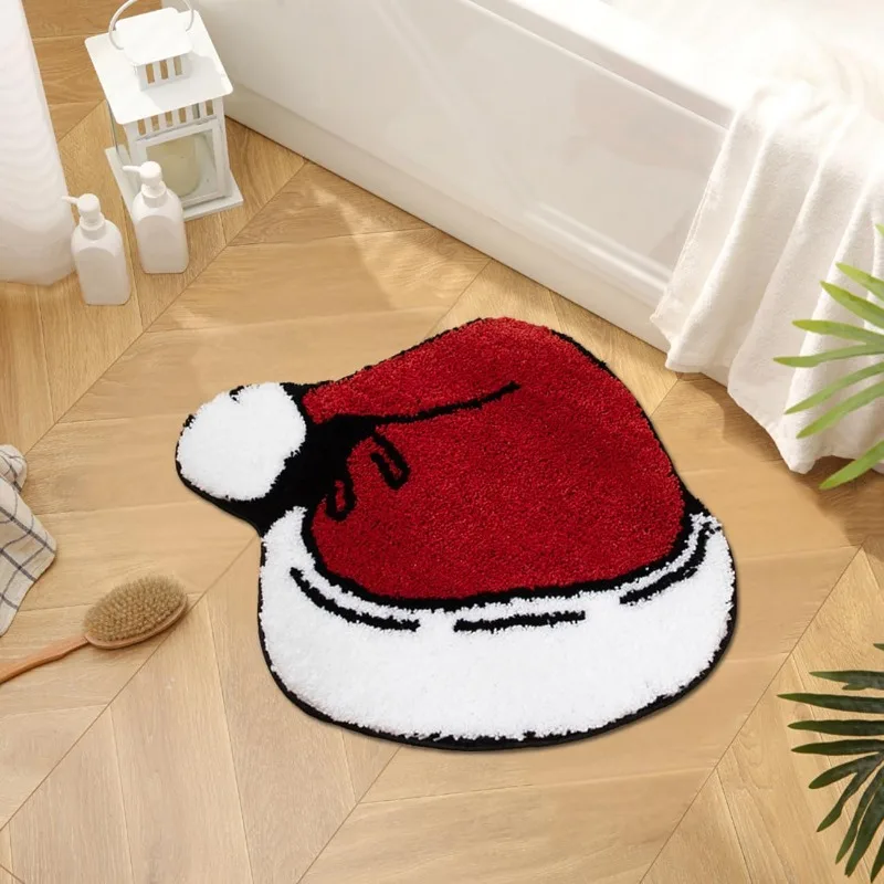 Christmas Hat Bath Rug Cute Red Hat Pattern Soft Bath Mat Water Absorbent Bathroom Floor Rugs Non Slip for Bedroom Entryway
