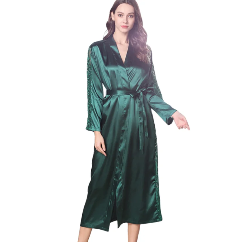 Solid Color Nightgown Long Sleeve Cardigan Lace up Sleepwear Imitation Silk Pajamas Thin Simple Bathrobe Women's Home Clothing