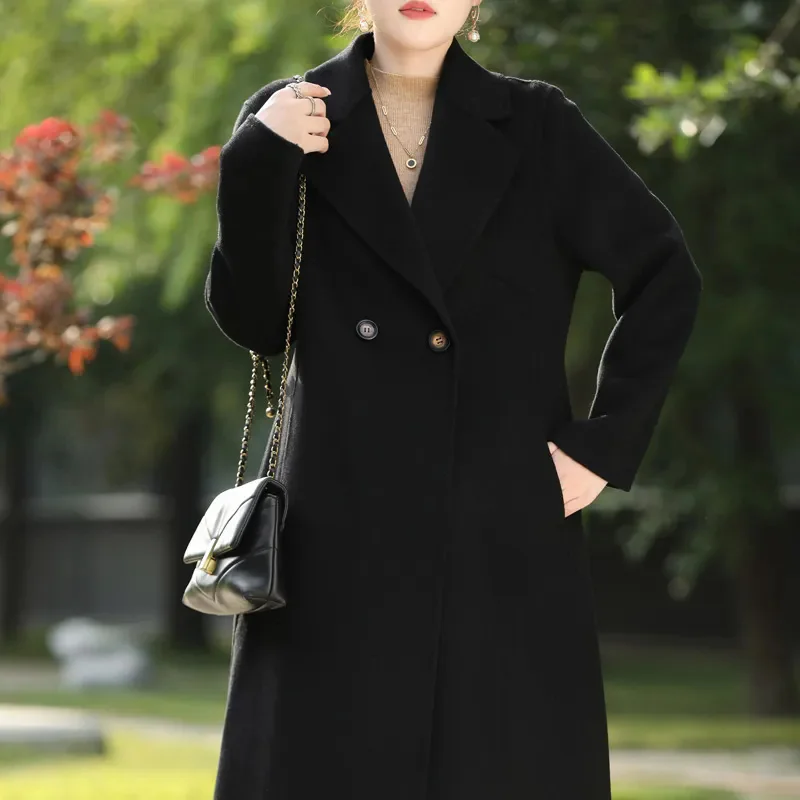 High-Quality Women's Wool Double-Sided Woolen Coat High-End Suit Collar Autumn Winter Knee Length Slim Fit and Slimming Jacket