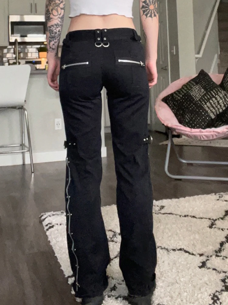 Acehomeyfit Women Gothic Punk Cargo Pants High Waist Flare