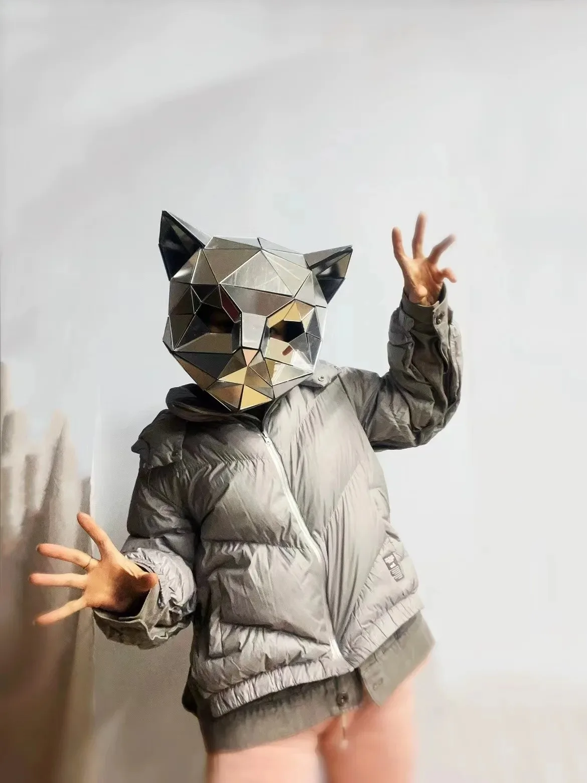 Stage theatricality Animal Head Head Mask gold Silver Mirror Cat Full Set Jumpsuit Cosplay Shiny Helmet Rave Mask