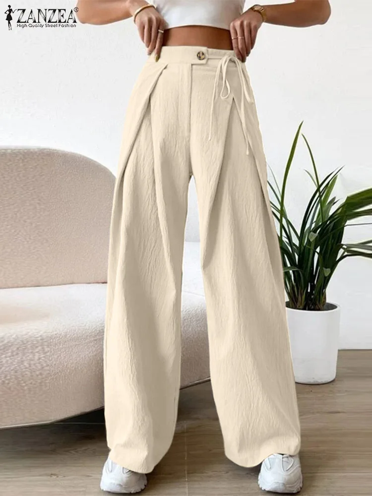 

ZANZEA Fashion High Waist Pants 2023 Women Long Pants Vintage Texture Fabric Trouser Casual Loose Pleats Chic Lace-up Pantalones