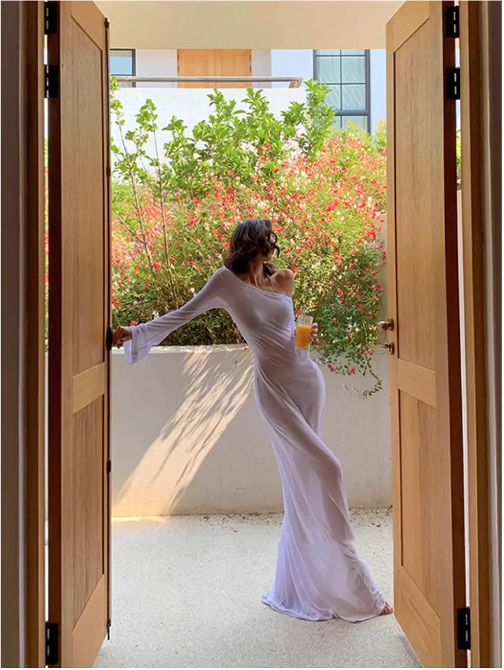 Sexy Women White Long Sleeves Backless Bikini Smock Swimwear See-through Dresses Maxi Dress Summer Holiday Beach Wear 1