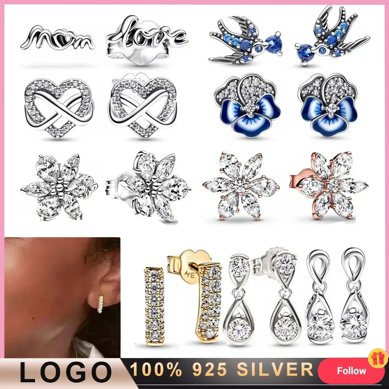 New Women's 925 Silver Snowflake Luxury Water Drop MOM Mini Swallow Logo Earrings Original Logo DIY Charming Jewelry Gift