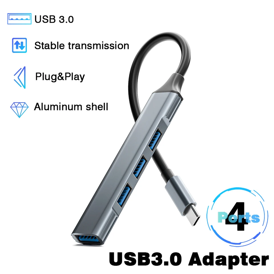 FDL 4-Port USB 3.0 Hub - 5Gbps High Speed, With USB Type A And C Connectors, 0.5ft Cable