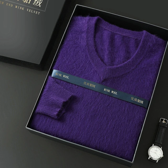 Pulls en cachemire de vison pour hommes, pulls en tricot décontractés, col en V solide, manches longues, pull chaud, grande taille, automne, hiver, 100% 6