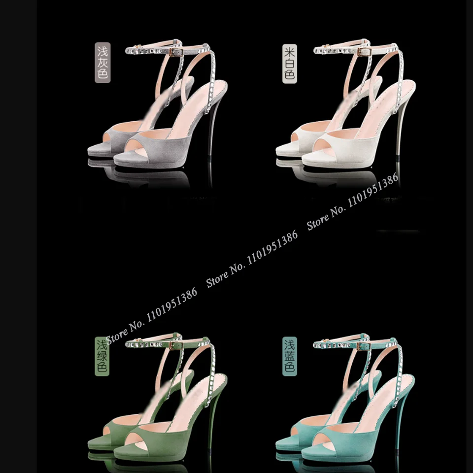 

Pereira Solid Peep Toe Crystal Sandals Ankle Buckle Thin High Heel Pointed Toe Shoes for Women Shoes on Heels Zapatillas Mujer