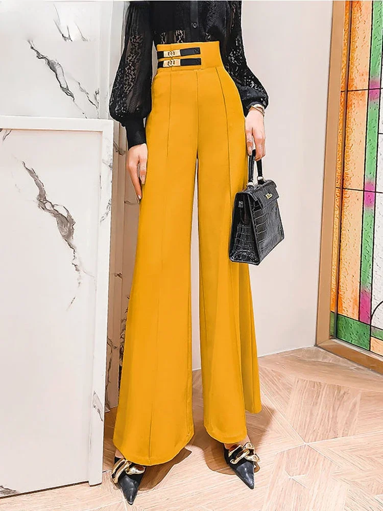 Желтые Повседневные офисные прямые брюки с высокой талией, винтажные широкие брюки, женские модные корейские мешковатые элегантные спортивные брюки OL Broek