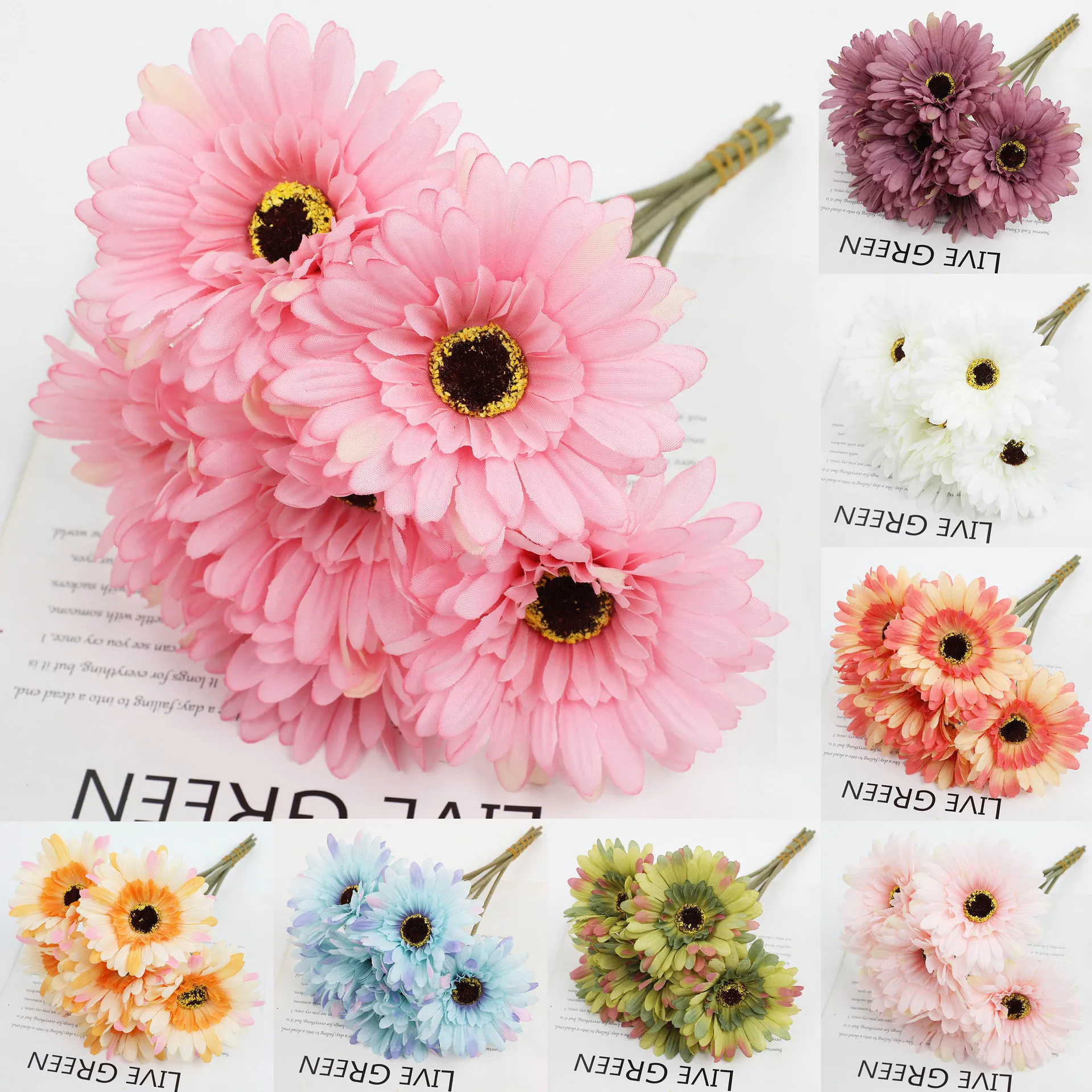 6 قطعة الحرير الاصطناعي Gerbera الزهور باقة الزفاف المنزل الشرفات ديكور للطاولات وهمية ديزي أقحوان ديكور منزلي للحفلات